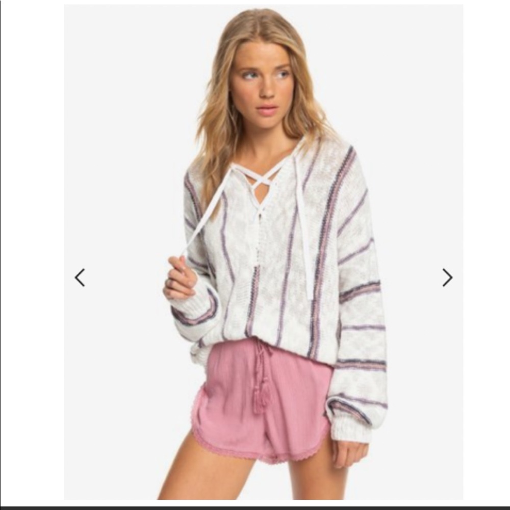 Roxy Cream Striped Knit Hoodie Sweater